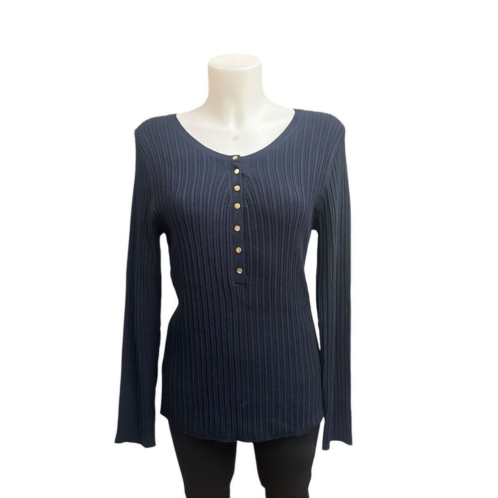 Chico’s Golden Allure Ribbed Knit Sweater in Ink Blue sz 2 Large NEW srp68$‎
